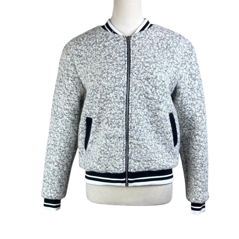 Glamorous Gray Textured Boucle Cashmere Blend Stripe Trim Edgy Bomber Jacket